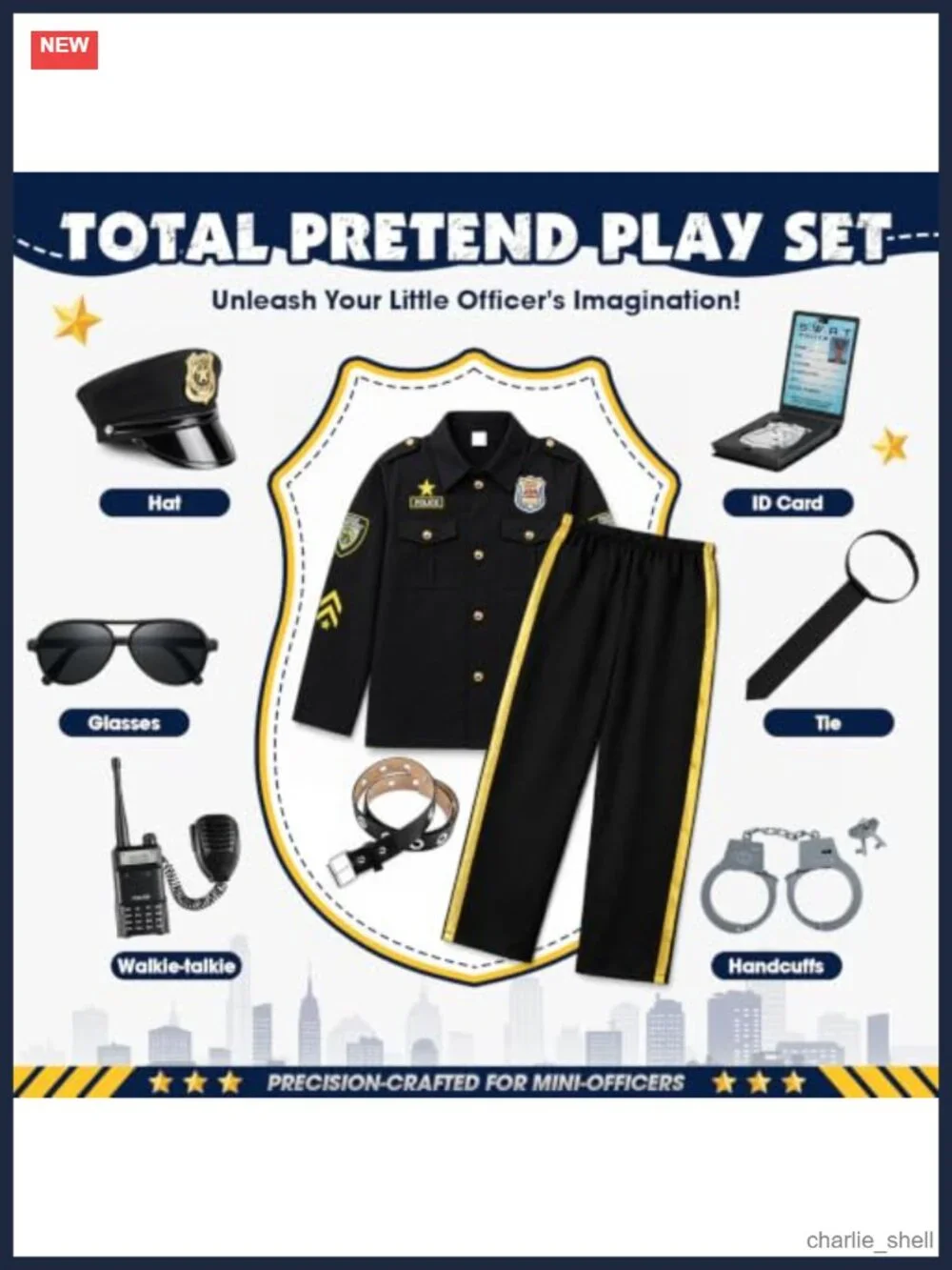 Kids Police Officer Costume Set 5-Piece Halloween Pretend Play Polyester